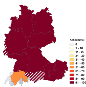 Relative Auftretenshäufigkeit von Allheilmittel innerhalb der einzelnen Areale im Verhältnis zu Allerheilmittel (in %)