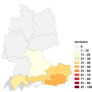 Relative Auftretenshäufigkeit von benützbar innerhalb der einzelnen Areale im Verhältnis zu benutzbar (in %)