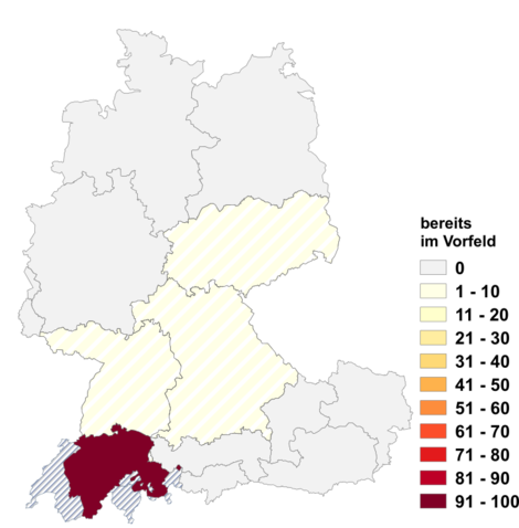 Relative Auftretenshäufigkeit von bereits im Vorfeld innerhalb der einzelnen Areale im Verhältnis zum Gesamtvorkommen in allen Arealen (in %)