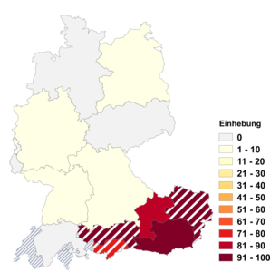 Relative Auftretenshäufigkeit von Einhebung innerhalb der einzelnen Areale im Verhältnis zu Erhebung (in %)