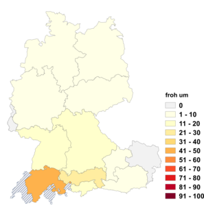 Relative Auftretenshäufigkeit von froh um innerhalb der einzelnen Areale im Verhältnis zu froh über (in %)