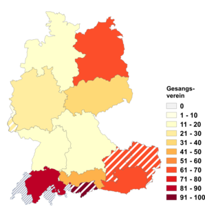 Relative Auftretenshäufigkeit von Gesangsverein innerhalb der einzelnen Areale im Verhältnis zu Gesangverein (in %)