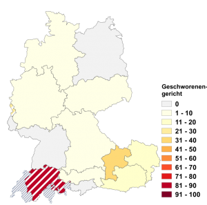 Relative Auftretenshäufigkeit von Geschworenengericht innerhalb der einzelnen Areale im Verhältnis zu Schwurgericht (in %)