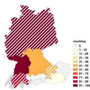 Relative Auftretenshäufigkeit von Josefstag innerhalb der einzelnen Areale im Verhältnis zu Josefitag (in %)