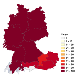 Relative Auftretenshäufigkeit von Kappe innerhalb der einzelnen Areale im Verhältnis zu Kapperl (in %)
