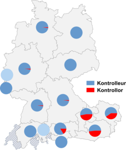 Relative Auftretenshäufigkeit von Kontrolleur / Kontrollor innerhalb der einzelnen Areale