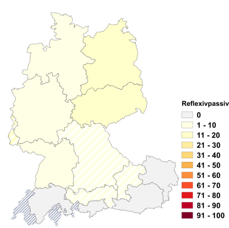 Relative Auftretenshäufigkeit des Reflexivpassivs innerhalb der einzelnen Areale im Verhältnis zum Gesamtvorkommen in allen Arealen (in %)