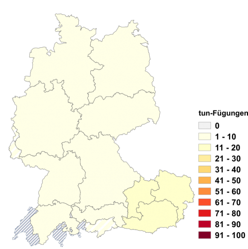 Relative Auftretenshäufigkeit von tun-Fügungen innerhalb der einzelnen Areale im Verhältnis zum Gesamtvorkommen in allen Arealen (in %)