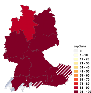 Relative Auftretenshäufigkeit von anpöbeln innerhalb der einzelnen Areale im Verhältnis zu bepöbeln (in %)
