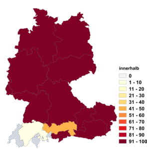 Relative Auftretenshäufigkeit von innerhalb innerhalb der einzelnen Areale im Verhältnis zu innert (in %)