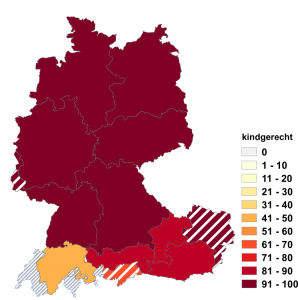 Relative Auftretenshäufigkeit von kindgerecht innerhalb der einzelnen Areale im Verhältnis zu kindergerecht (in %)