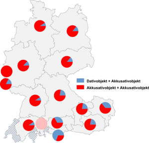 Relative Auftretenshäufigkeit von kosten mit Dativobjekt + Akkusativobjekt / mit zwei Akkusativobjekten innerhalb der einzelnen Areale