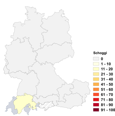 Relative Auftretenshäufigkeit von Schoggi innerhalb der einzelnen Areale im Verhältnis zu Schoko und Schokolade (in %)