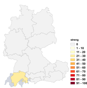 Relative Auftretenshäufigkeit von streng innerhalb der einzelnen Areale im Verhältnis zu anstrengend (in %)