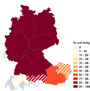 Relative Auftretenshäufigkeit von fix und fertig innerhalb der einzelnen Areale im Verhältnis zu fixfertig (in %)