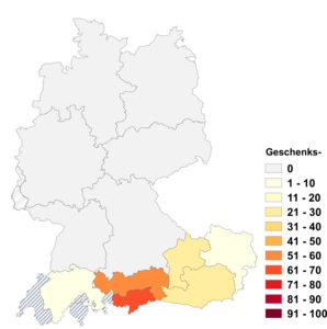 Relative Auftretenshäufigkeit von Geschenks- innerhalb der einzelnen Areale im Verhältnis zu Geschenk- (in %)