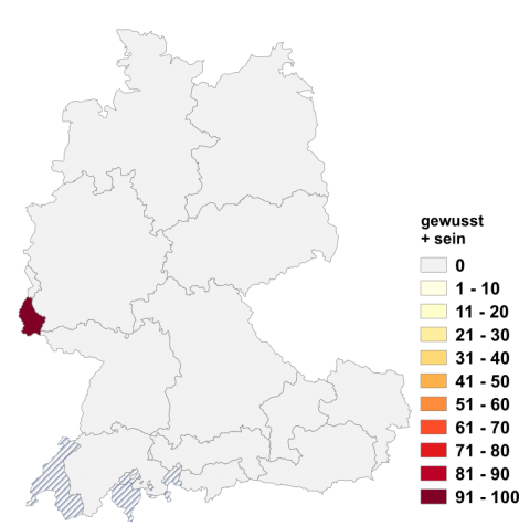 Relative Auftretenshäufigkeit von gewusst + sein innerhalb der einzelnen Areale im Verhältnis zum Gesamtvorkommen in allen Arealen (in %)