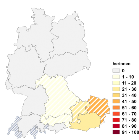 Relative Auftretenshäufigkeit von hernach innerhalb der einzelnen Areale im Verhältnis zum Gesamtvorkommen in allen Arealen (in %)