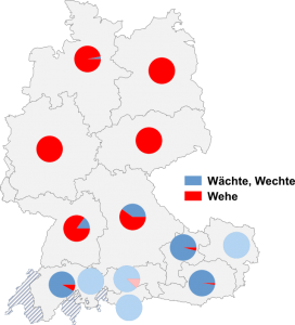 Relative Auftretenshäufigkeit von Wächte, Wechte / Wehe innerhalb der einzelnen Areale
