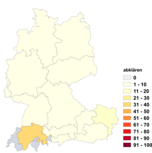 Relative Auftretenshäufigkeit von abklären innerhalb der einzelnen Areale im Verhältnis zu klären (in %)