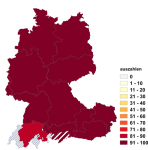 Relative Auftretenshäufigkeit von auszahlen innerhalb der einzelnen Areale im Verhältnis zu ausbezahlen (in %)