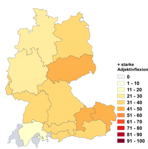 Relative Auftretenshäufigkeit von sämtliche + starke Adjektivflexion innerhalb der einzelnen Areale im Verhältnis zu sämtliche + schwache Adjektivflexion (in %)