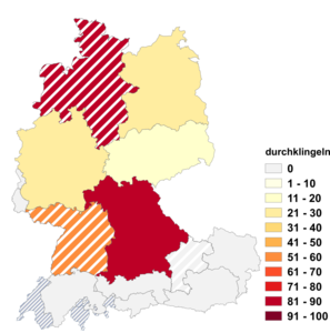 Relative Auftretenshäufigkeit von durchklingeln innerhalb der einzelnen Areale im Verhältnis zu anklingeln (in %)