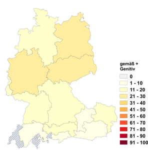 Relative Auftretenshäufigkeit von gemäß + Genitiv innerhalb der einzelnen Areale im Verhältnis zu gemäß + Dativ (in %)
