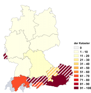 Relative Auftretenshäufigkeit von der Kataster innerhalb der einzelnen Areale im Verhältnis zu das Kataster (in %)