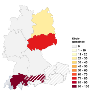 Relative Auftretenshäufigkeit von Kirchgemeinde innerhalb der einzelnen Areale im Verhältnis zu Kirchengemeinde (in %)