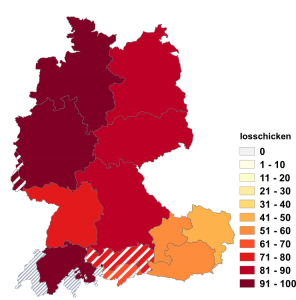 Relative Auftretenshäufigkeit von losschicken innerhalb der einzelnen Areale im Verhältnis zu ausschicken (in %)