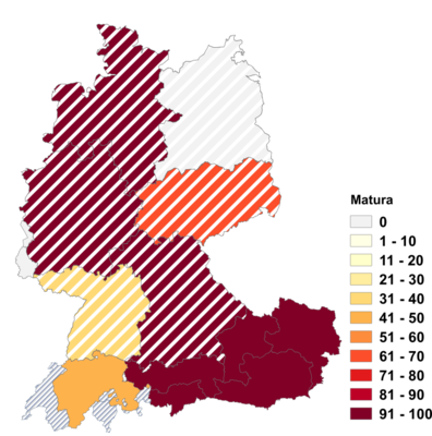 Relative Auftretenshäufigkeit von Matura innerhalb der einzelnen Areale im Verhältnis zu Matur und Maturität (in %)