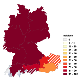 Relative Auftretenshäufigkeit von neidisch innerhalb der einzelnen Areale im Verhältnis zu neidig (in %)