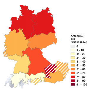 Relative Auftretenshäufigkeit von Anfang, Mitte, Ende der / des Frühlings / Sommers / Herbsts / Winters innerhalb der einzelnen Areale im Verhältnis zu Anfang, Mitte, Ende Frühling / Sommer / Herbst / Winter (in %)