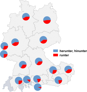 Relative Auftretenshäufigkeit von herunter, hinunter / runter innerhalb der einzelnen Areale