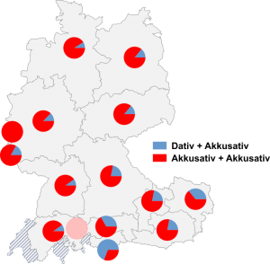 Relative Auftretenshäufigkeit von kosten mit Dativobjekt + Akkusativobjekt / mit zwei Akkusativobjekten innerhalb der einzelnen Areale