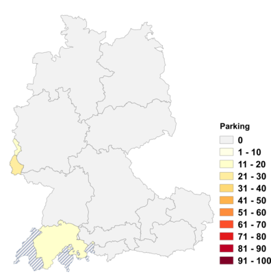 Relative Auftretenshäufigkeit von Parking innerhalb der einzelnen Areale im Verhältnis zu Parkgarage und Parkhaus (in %)