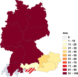 Relative Auftretenshäufigkeit von Akte innerhalb der einzelnen Areale im Verhältnis zu Akt (in %)