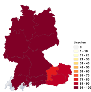Relative Auftretenshäufigkeit von bisschen innerhalb der einzelnen Areale im Verhältnis zu bisserl (in %)