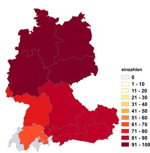 Relative Auftretenshäufigkeit von einzahlen innerhalb der einzelnen Areale im Verhältnis zu einbezahlen (in %)