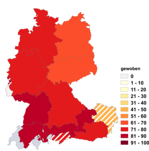 Relative Auftretenshäufigkeit von gewoben innerhalb der einzelnen Areale im Verhältnis zu gewebt (in %)