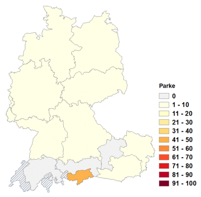 Relative Auftretenshäufigkeit von Parke innerhalb der einzelnen Areale im Verhältnis zu Parks und Pärke (in %)