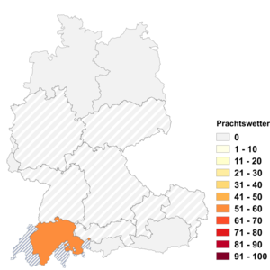 Relative Auftretenshäufigkeit von Prachtswetter innerhalb der einzelnen Areale im Verhältnis zu Prachtwetter (in %)