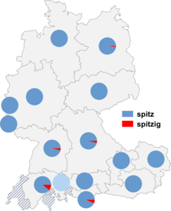 Relative Auftretenshäufigkeit von spitz / spitzig innerhalb der einzelnen Areale