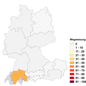 Relative Auftretenshäufigkeit von Wegweisung innerhalb der einzelnen Areale im Verhältnis zu Ausweisung (in %)