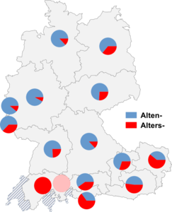 Relative Auftretenshäufigkeit von Alten- / Alters- innerhalb der einzelnen Areale