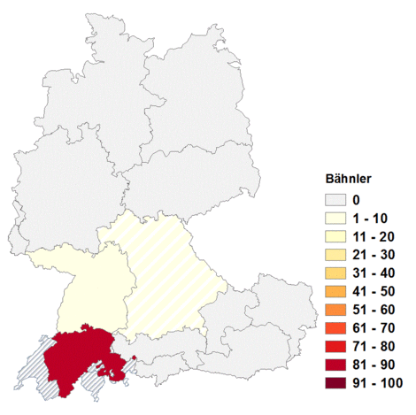 Relative Auftretenshäufigkeit von Bähnler innerhalb der einzelnen Areale im Verhältnis zum Gesamtvorkommen in allen Arealen (in %)