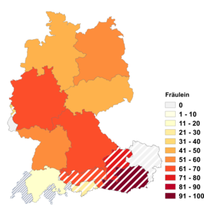 Relative Auftretenshäufigkeit von Fräulein innerhalb der einzelnen Areale im Verhältnis zu Fräuleins (in %)