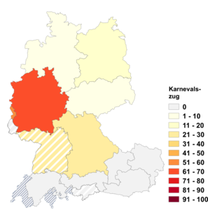 Relative Auftretenshäufigkeit von Karnevalszug innerhalb der einzelnen Areale im Verhältnis zu Karnevalsumzug (in %)