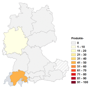 Relative Auftretenshäufigkeit von Produkte- innerhalb der einzelnen Areale im Verhältnis zu Produkt- (in %)